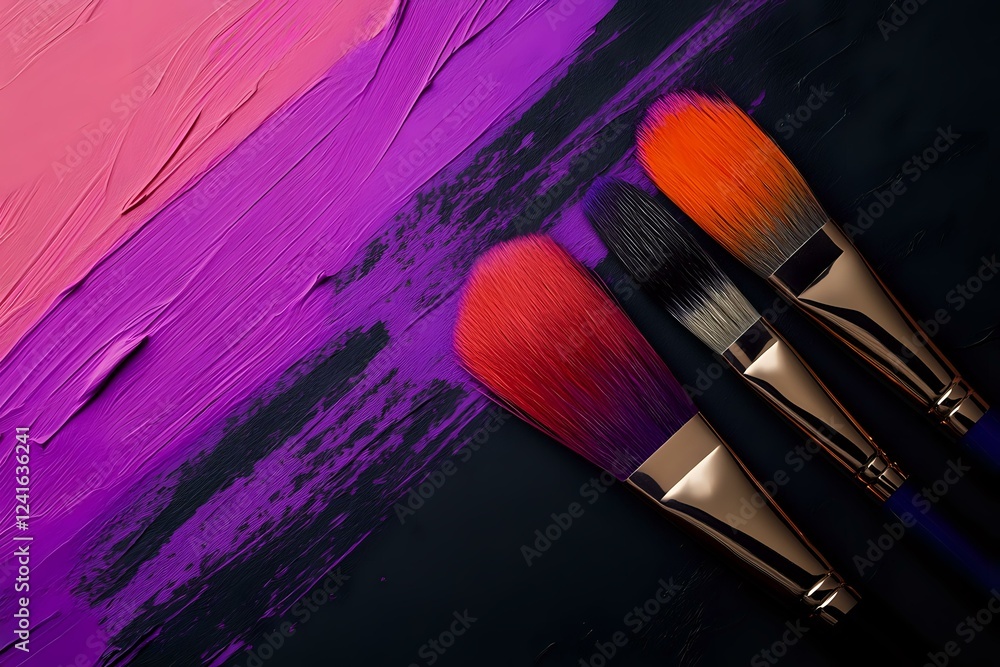 Professional makeup brushes with bright red bristles on dark background with vibrant pink and purple paint strokes, artistic cosmetic concept for beauty industry.