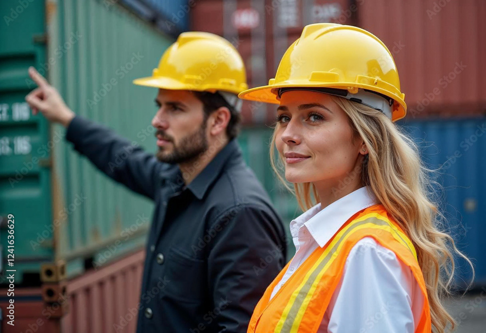 Two individuals in safety gear standing in front of colorful shipping containers in a port. Two individuals in safety gear standing in front of colorful shipping containers in a port.