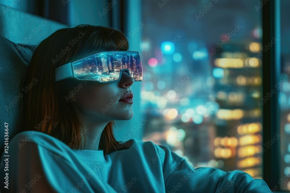 Woman wearing futuristic AR glasses, city skyline reflected, experiencing virtual reality. Woman wearing futuristic AR glasses, city skyline reflected, experiencing virtual reality.