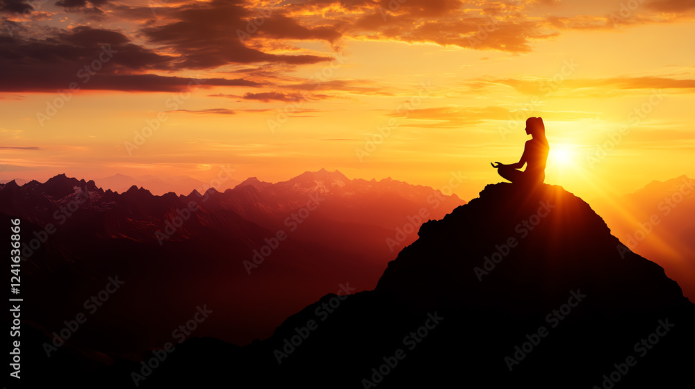 A woman's silhouette meditating on a cliff during sunrise A woman's silhouette meditating on a cliff during sunrise