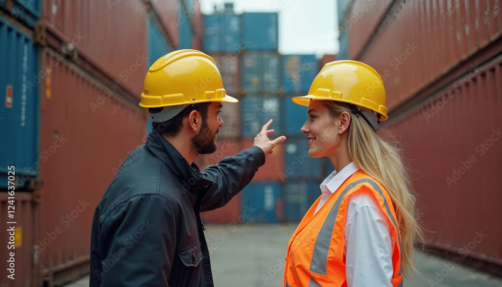 Two individuals in safety gear standing in front of colorful shipping containers in a port. Two individuals in safety gear standing in front of colorful shipping containers in a port.