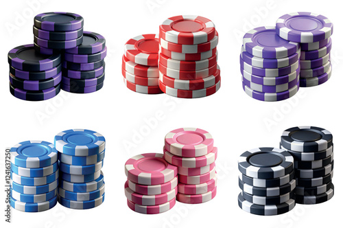 Collection of colorful stacks of poker chips 3d icons. Gambling concept