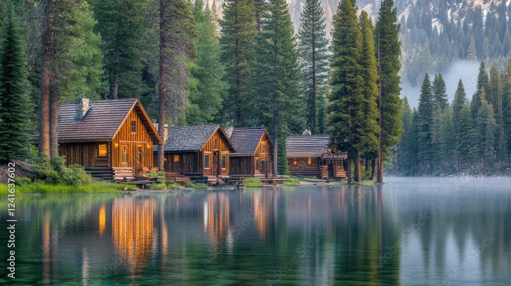 Obraz premium Tranquil Lakeside Cabins Reflected in Serene Waters at Sunrise