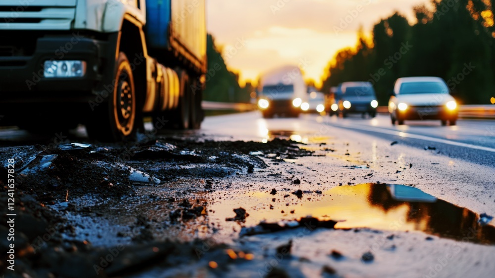 roadside oil spill with stopped vehicles at sunset, depicting traffic accident