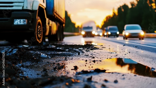roadside oil spill with stopped vehicles at sunset, depicting traffic accident