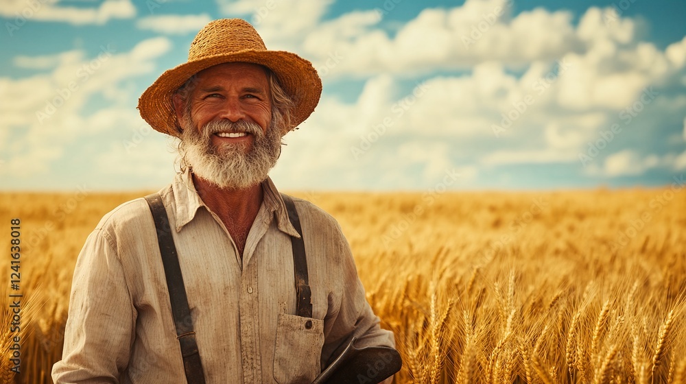 A smiling farmer standing in front of a field of wheat. A smiling farmer standing in front of a field of wheat.