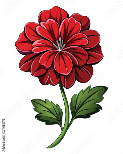 A vibrant red flower with layered petals and a central stamen, showcasing bold colors.