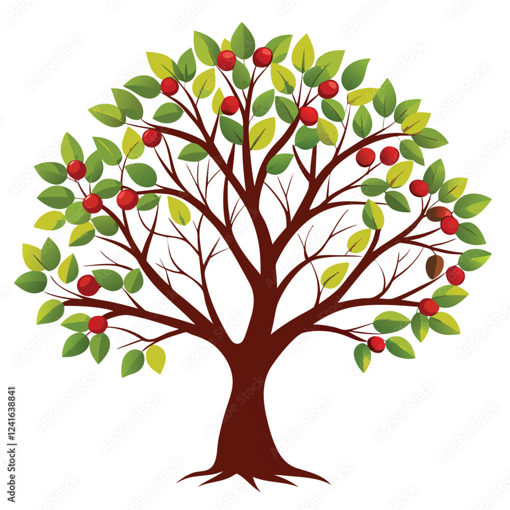 Fototapeta premium A stylized tree with green leaves and red fruit, representing nature and growth.