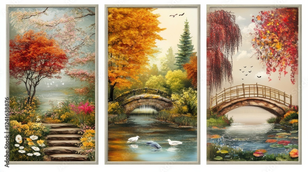 Tranquil Scenic Landscape with Bridges, Waterways and Autumn Colors Tranquil Scenic Landscape with Bridges, Waterways and Autumn Colors
