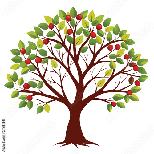 A stylized tree with green leaves and red fruit, representing nature and growth.