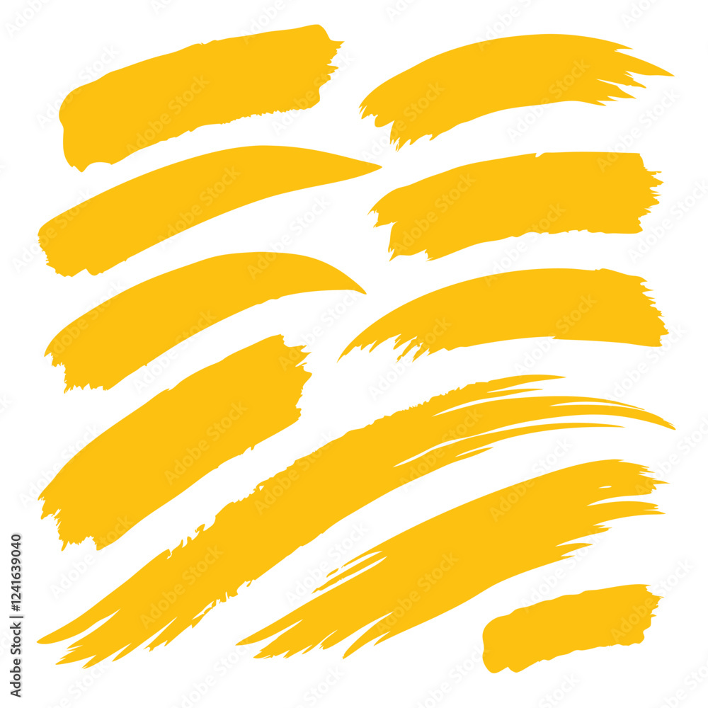 A collection of vibrant yellow paint strokes on a white background. A collection of vibrant yellow paint strokes on a white background.