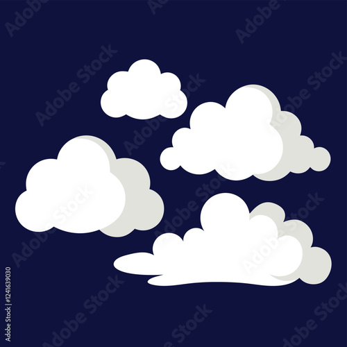 A minimalist illustration of fluffy clouds against a dark blue background.