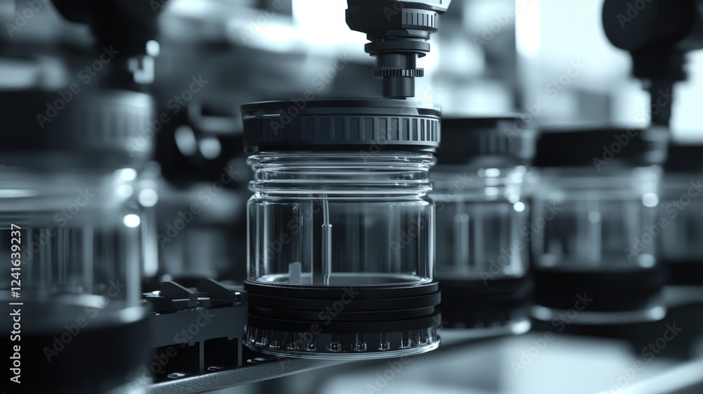Automated Robotic System Handling Plastic Containers on a Conveyor Belt in a Modern Production Facility

