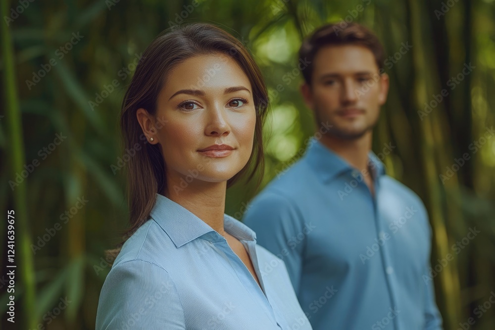 Confident woman in light blue shirt stands outdoors with a blurred man in the background. Confident woman in light blue shirt stands outdoors with a blurred man in the background.