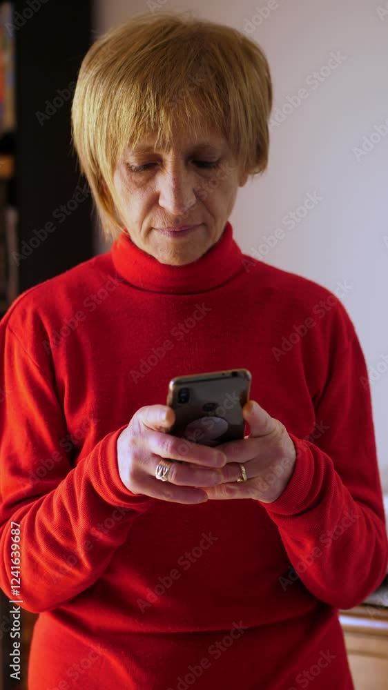 Vertical: A 60-year-old blonde woman in a red sweater writing a message on her smartphone at home, showing modern communication. Vertical: A 60-year-old blonde woman in a red sweater writing a message on her smartphone at home, showing modern communication.
