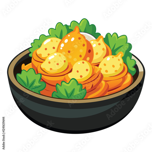 A colorful dish featuring yellow dumplings surrounded by green lettuce.