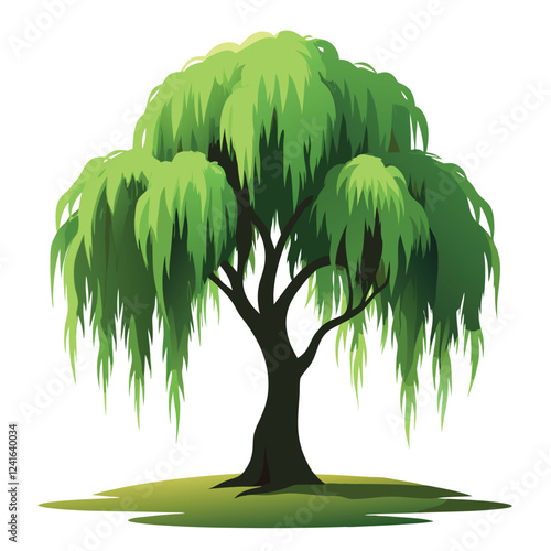 A stylized illustration of a lush, leafy tree with drooping branches.