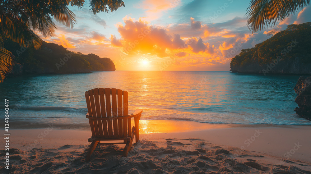 Wooden beach chair enjoying a colorful tropical sunset on a sandy beach Wooden beach chair enjoying a colorful tropical sunset on a sandy beach