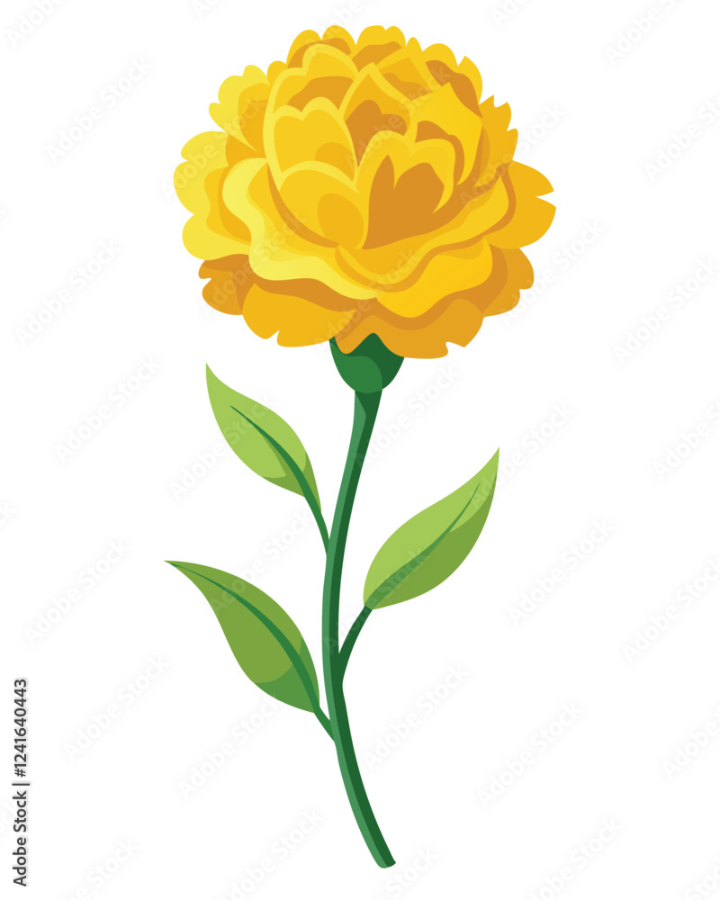 A vibrant yellow marigold flower with green leaves against a white background. A vibrant yellow marigold flower with green leaves against a white background.
