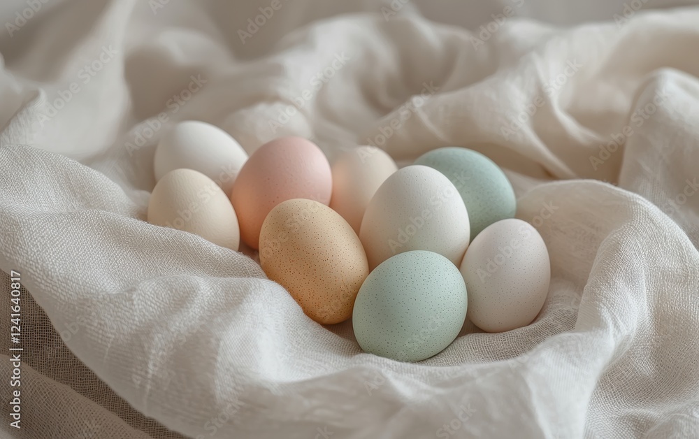 Mockup background with space for text featuring pastel-colored Easter eggs arranged on a soft linen fabric for a warm and festive look for Easter Mockup background with space for text featuring pastel-colored Easter eggs arranged on a soft linen fabric for a warm and festive look for Easter