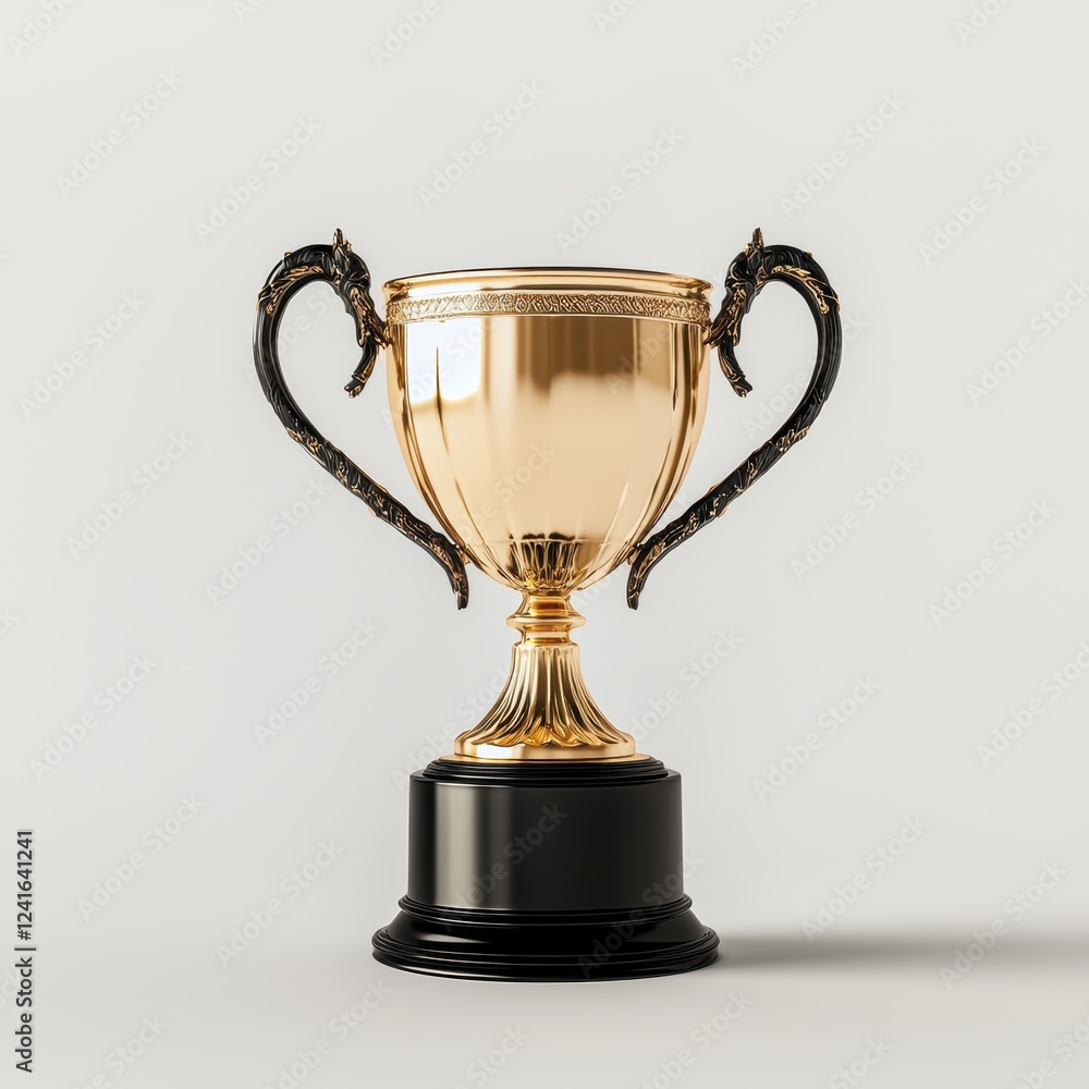 Golden trophy cup with elegant handles and a sturdy black base, isolated on a bright white background Golden trophy cup with elegant handles and a sturdy black base, isolated on a bright white background