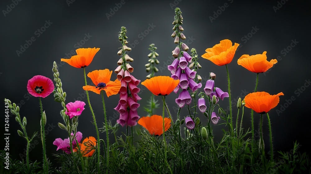 Obraz premium A group of flowers surrounded by green grass against a dark sky background