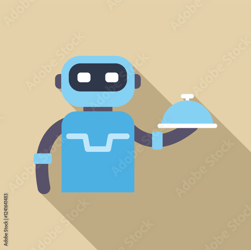 Blue robot waiter holding covered tray, symbolizing automation in restaurant industry