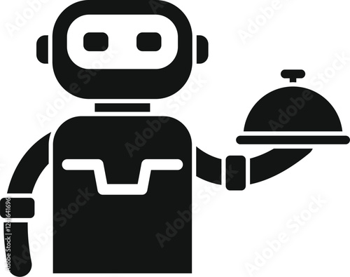 Robot waiter holding covered serving tray, symbolizing automation in food service and hospitality