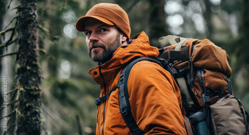 Obraz premium Handsome hunter wearing an orange jacket navigates through a dense forest, carrying a backpack and preparing for an outdoor excursion