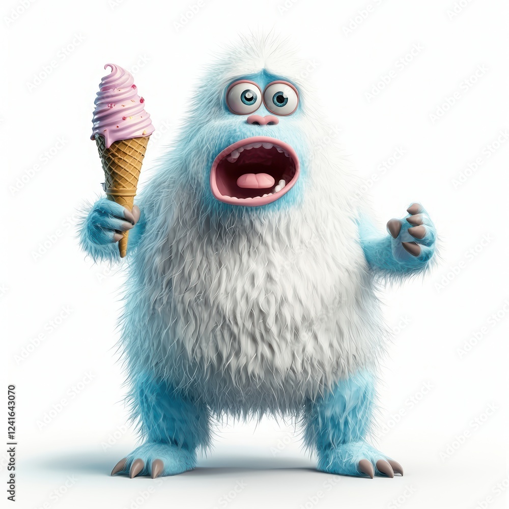 Obraz premium yeti with a surprised face, holding an ice cream cone that is melting, isolated on white