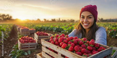 Smiling woman harvesting strawberries at sunset