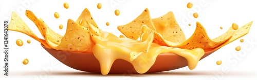 of floating nachos with cheese sauce splashes, isolated on white