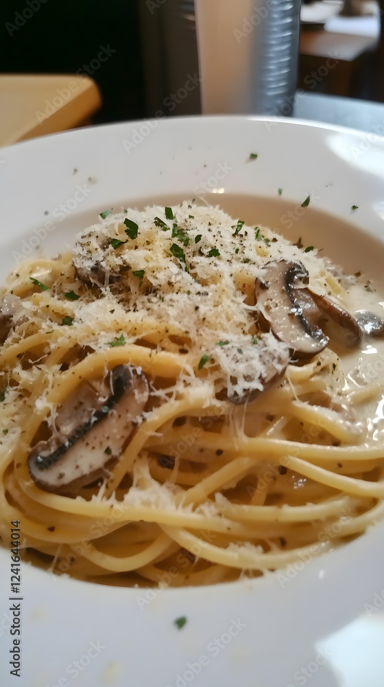 Pasta with mushrooms, cream sauce, and parmesan cheese.Pasta with mushrooms, cream sauce, and parmesan cheese. Pasta with mushrooms, cream sauce, and parmesan cheese.Pasta with mushrooms, cream sauce, and parmesan cheese.