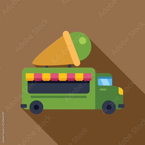 Green ice cream truck selling ice cream with a big ice cream cone on top