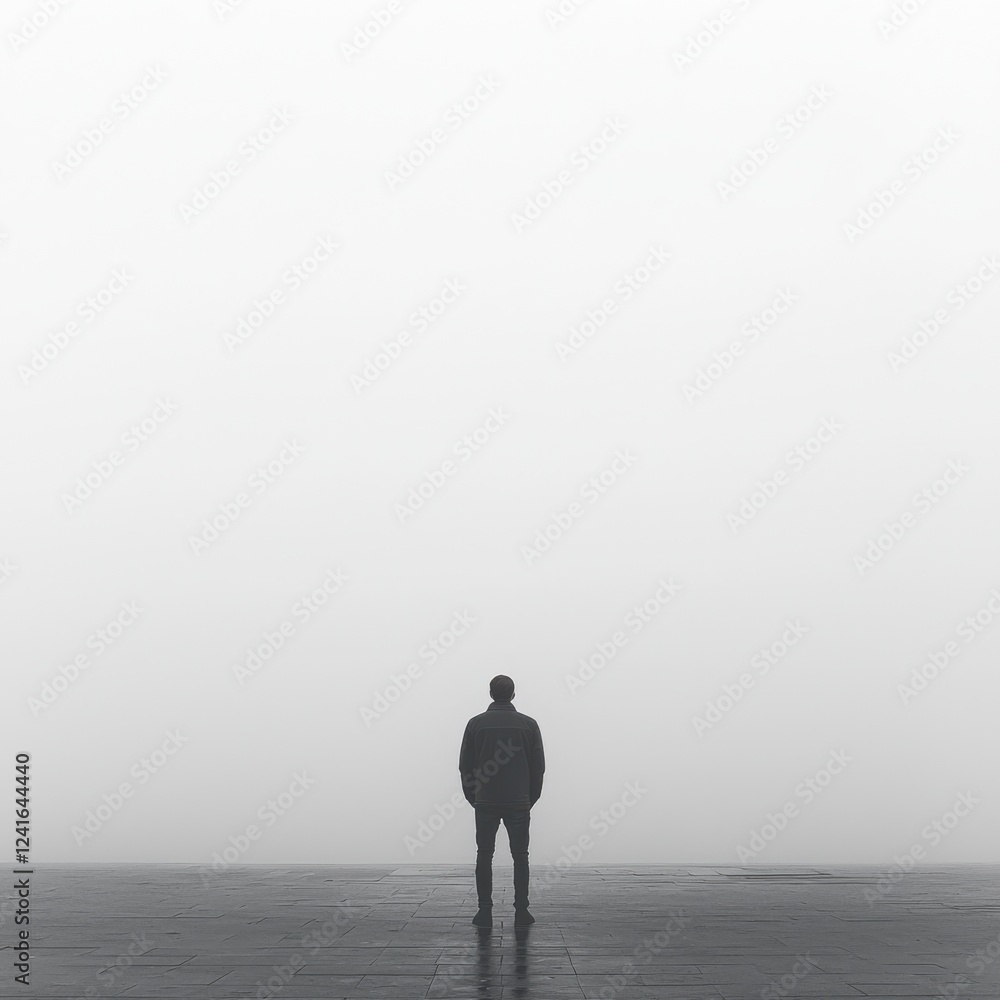 Contemplative figure standing alone urban landscape minimalist foggy atmosphere wide angle isolation Contemplative figure standing alone urban landscape minimalist foggy atmosphere wide angle isolation