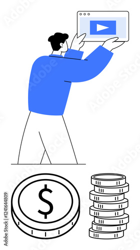 Man lifting video player window, stack of coins, and dollar coin. Ideal for finance, digital marketing, content creation, e-commerce, innovation, online investments abstract line flat metaphor