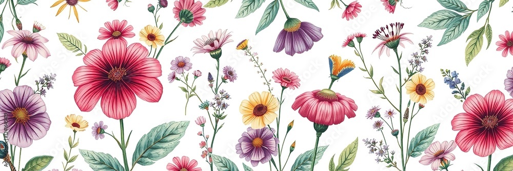 Obraz premium Botanical Tapestry Wallpaper: Wildflowers in Vibrant Hues