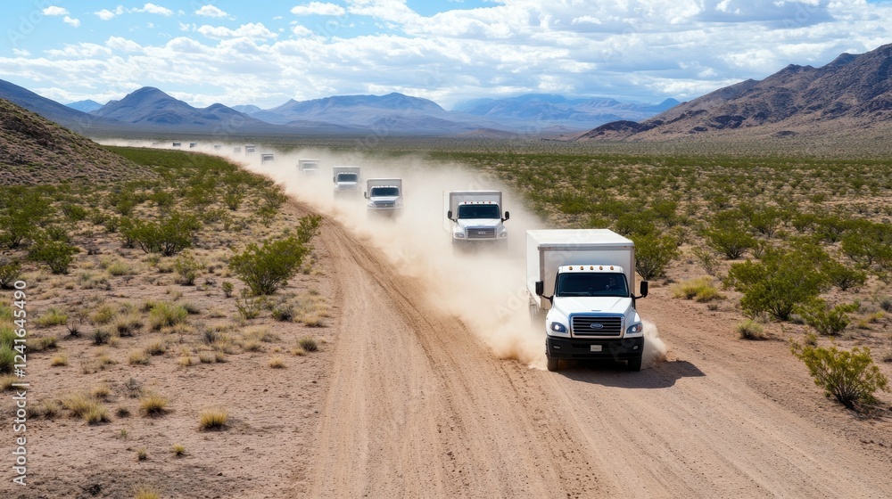 Fototapeta premium Convoy of white box trucks on dusty desert road, mountains in the distance, under partly cloudy sky.