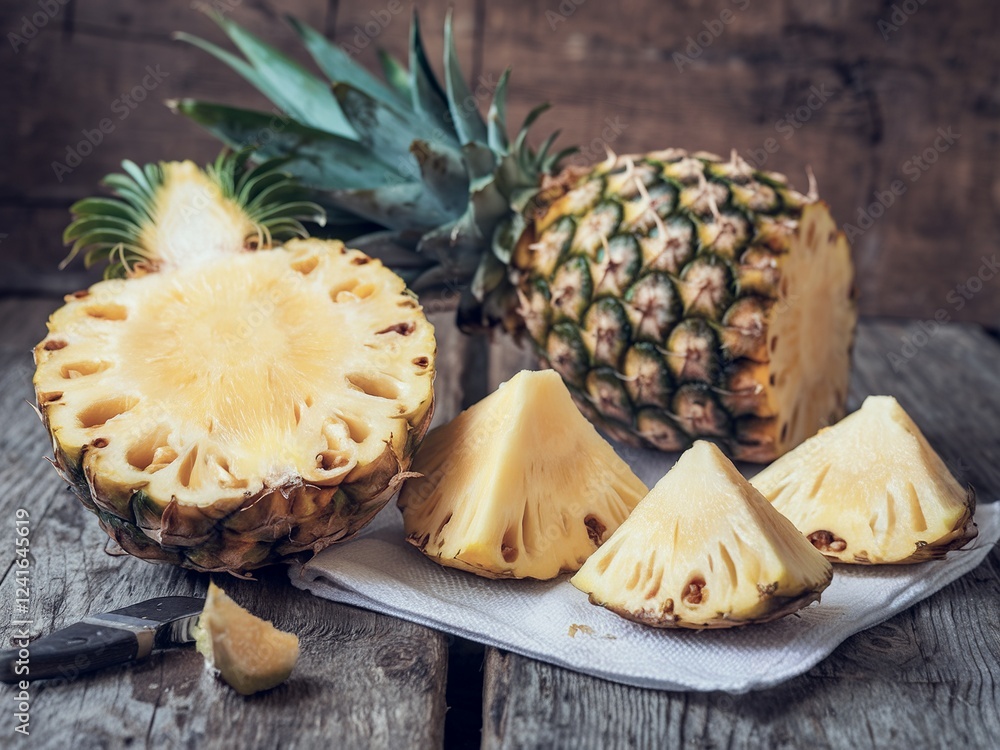 Ripe pineapple fruit cut in half and triangle shape on rustic wooden table Ripe pineapple fruit cut in half and triangle shape on rustic wooden table