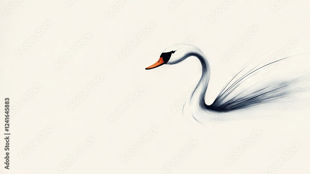 Fototapeta premium A white swan with a black neck and orange beak gracefully soars through the sky, its wings fully extended