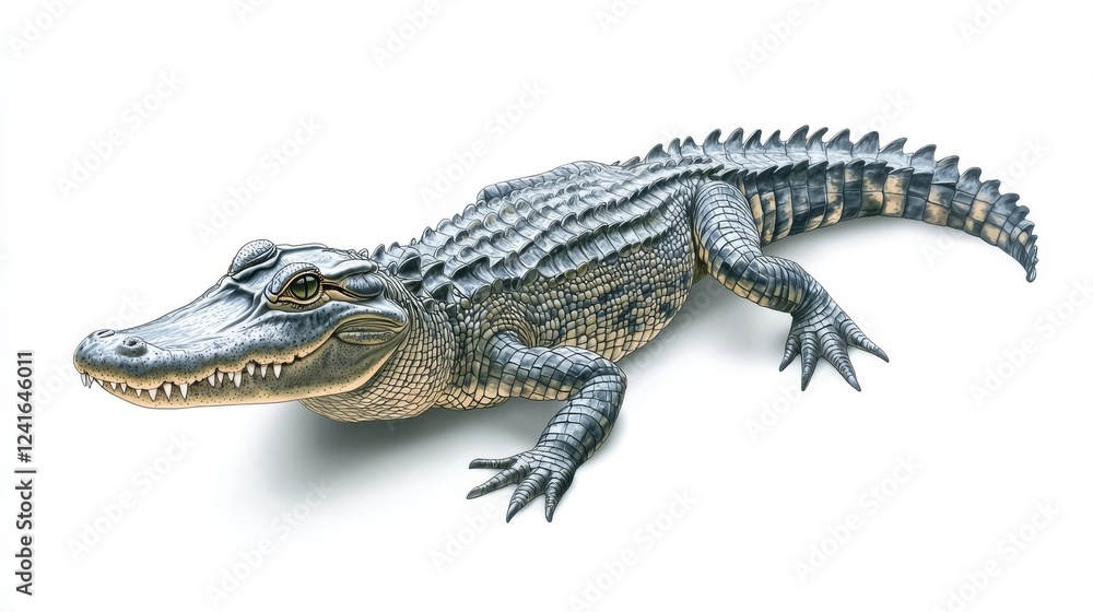 Naklejka premium Detailed illustration of a crocodile showcasing its intricate features and textures in a dynamic pose at a natural setting
