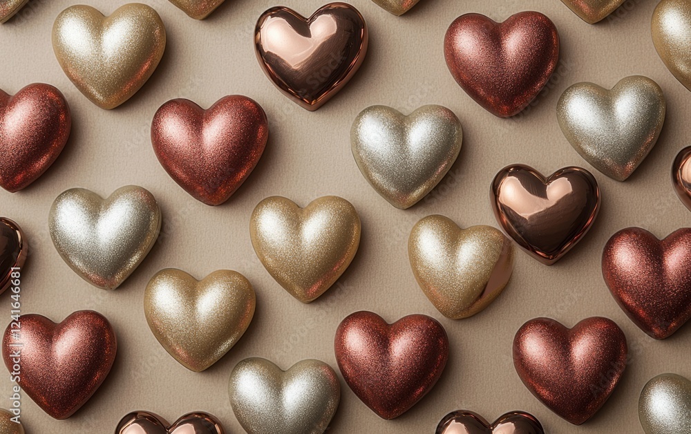 Obraz premium Modern mockup background with space for text featuring elegant metallic hearts arranged in a structured, high-fashion layout for Saint Valentines Day and 8 March International Womens Day
