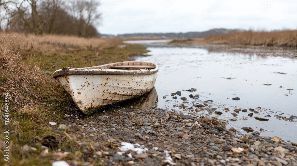 Old boat on riverbank, winter landscape, calm water