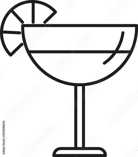 Simple line art icon of a margarita glass, garnished with a lime slice, representing a refreshing summer cocktail
