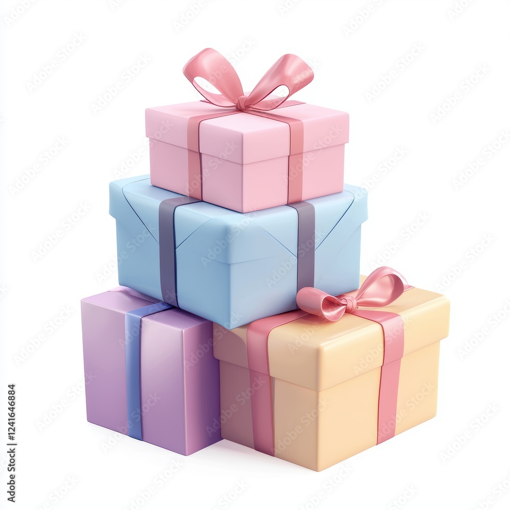 Obraz premium stack of three beautifully wrapped gift boxes in different sizes and colors, isolated on white