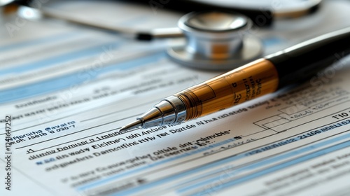 Close-up of a medical form with a pen and stethoscope, indicating healthcare documentation process