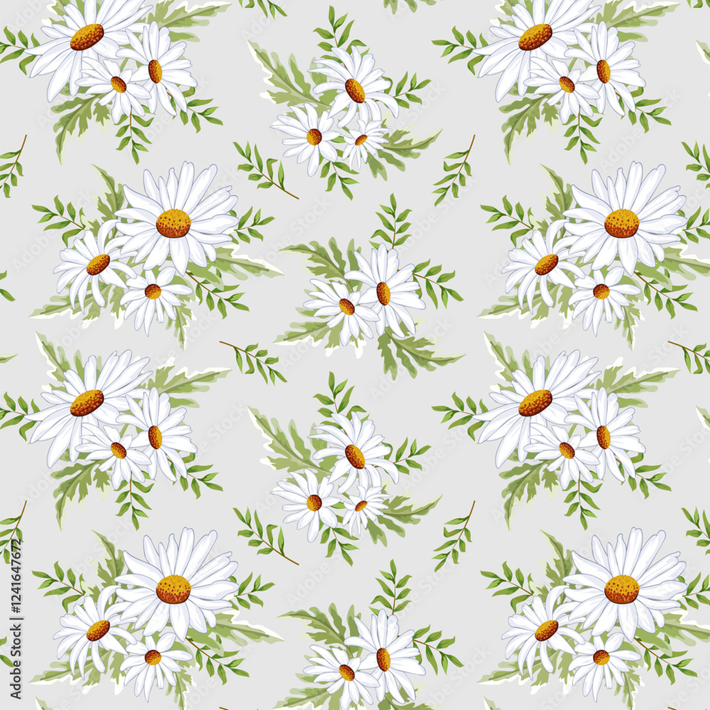 Bouquets of daisies in a pattern.Vector seamless pattern with white daisies and green leaves. Bouquets of daisies in a pattern.Vector seamless pattern with white daisies and green leaves.