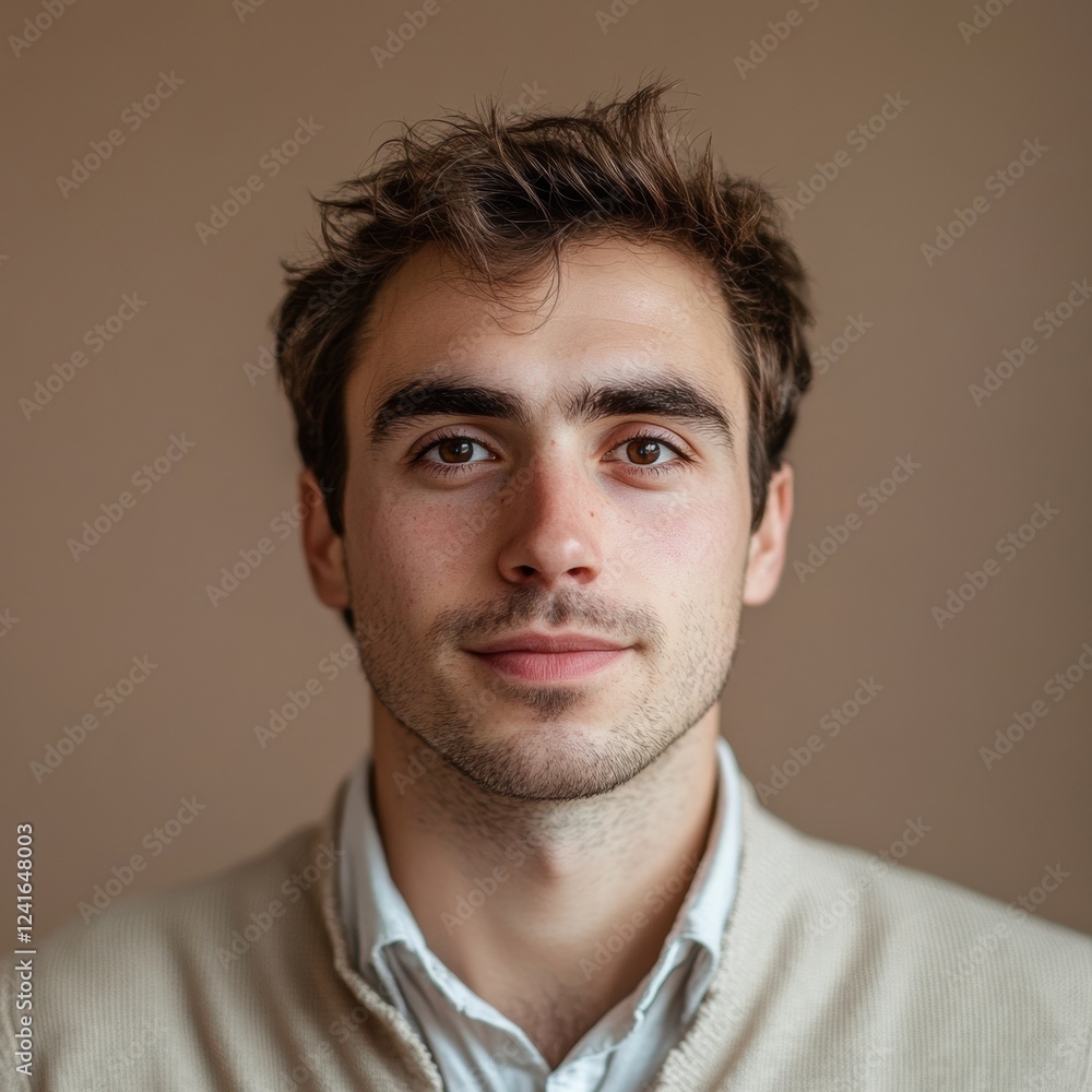 Obraz premium Young man with light brown hair wearing a sweater poses confidently against a neutral background in a studio setting. Generative AI