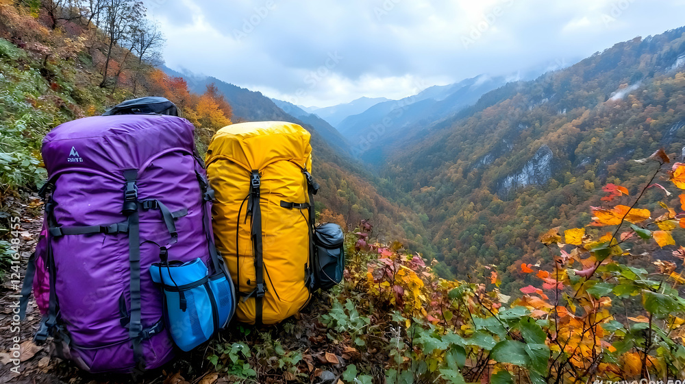 Backpacks on autumn mountain trail, valley view Backpacks on autumn mountain trail, valley view