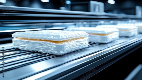 Packaged Mattress Pads Moving on Conveyor Belt